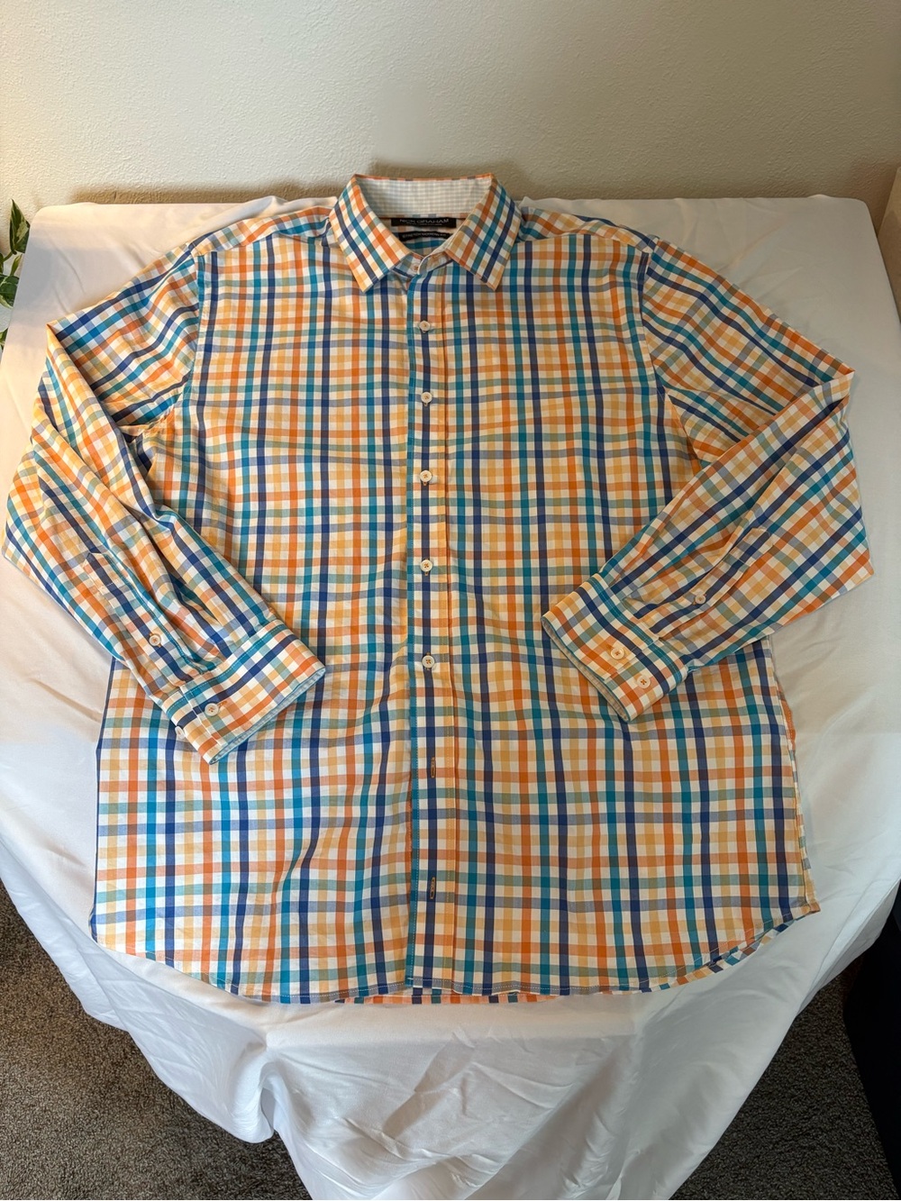 Nick Graham Casual Long-Sleeve Button-Down Shirt in Orange & Blue Plaid